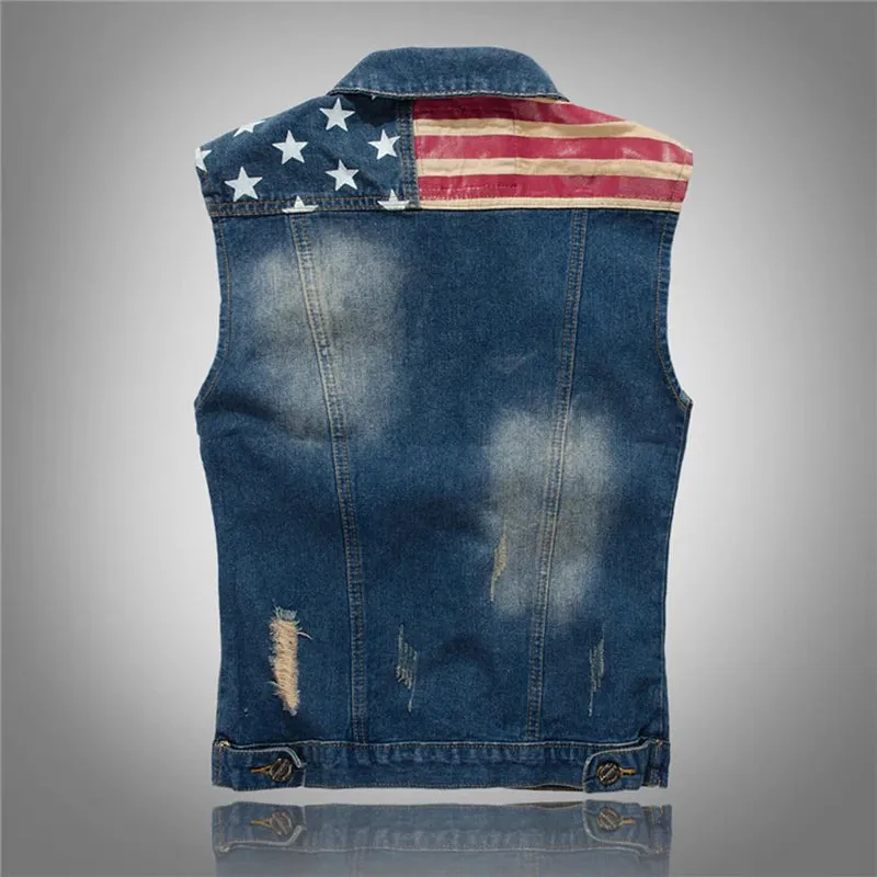 2024 Men's Dark Blue Denim Vest – Cotton Ripped Sleeveless Jacket (Plus Size up to 6XL)