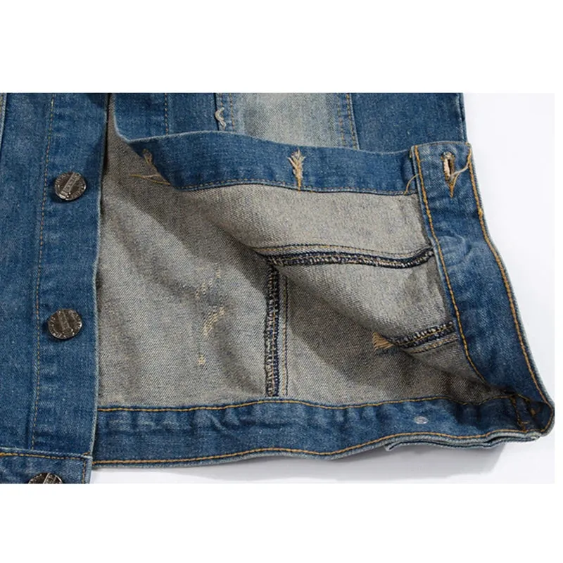 2024 Men's Dark Blue Denim Vest – Cotton Ripped Sleeveless Jacket (Plus Size up to 6XL)