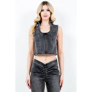 American Bazi Zip Up Washed Crop Denim Vest
