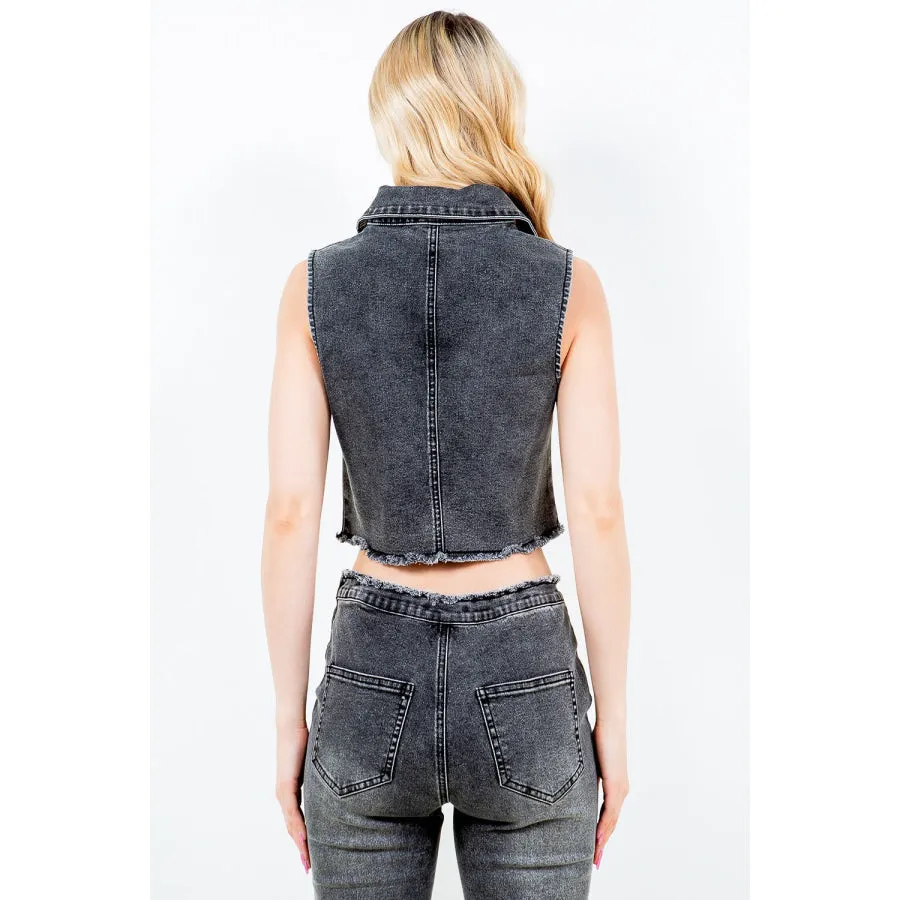 American Bazi Zip Up Washed Crop Denim Vest
