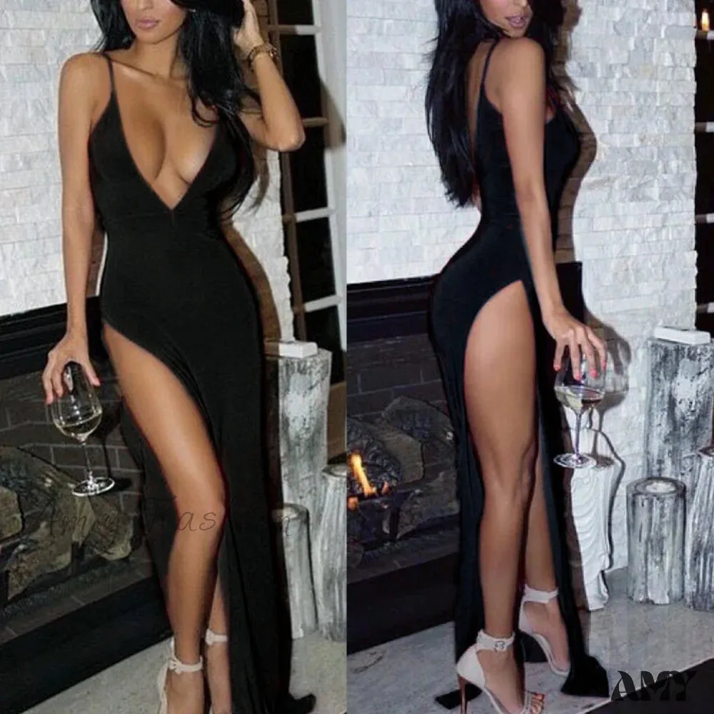 Amy Fashion - Simple Style Sexy Open Chest High Thigh Split Dress