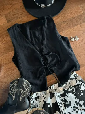 Black Linen Tie Front Vest Top