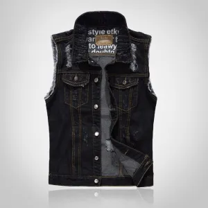 Black Ripped Motorcycle Denim Vest