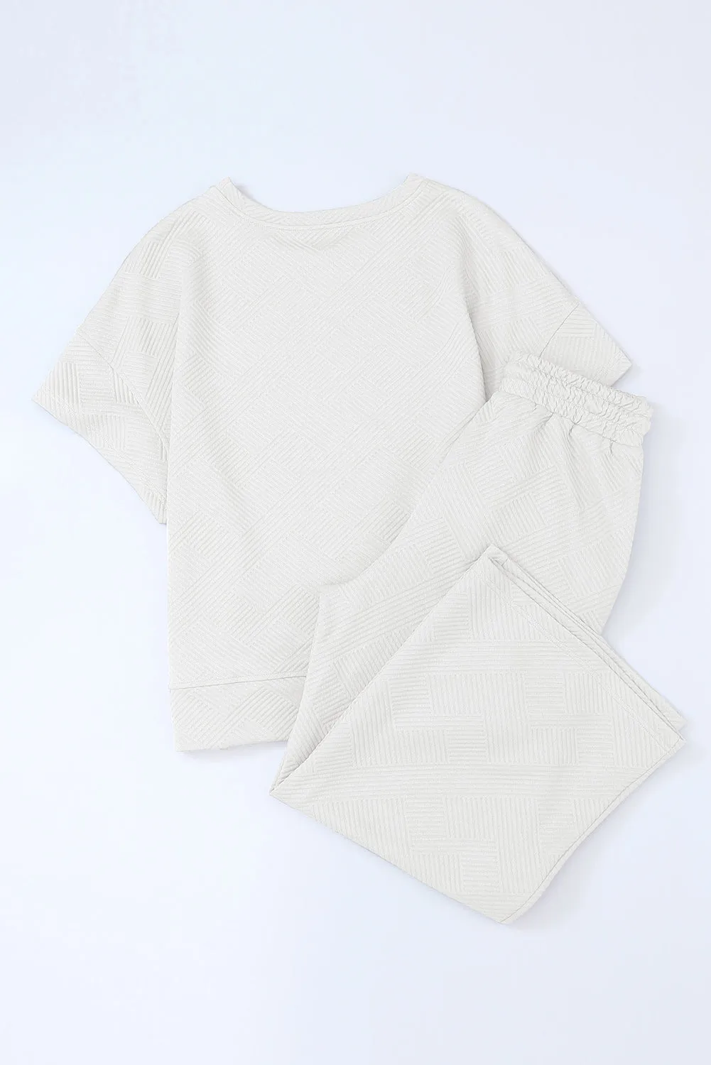 Bright White Textured Loose Fit T Shirt and Drawstring Pants Set