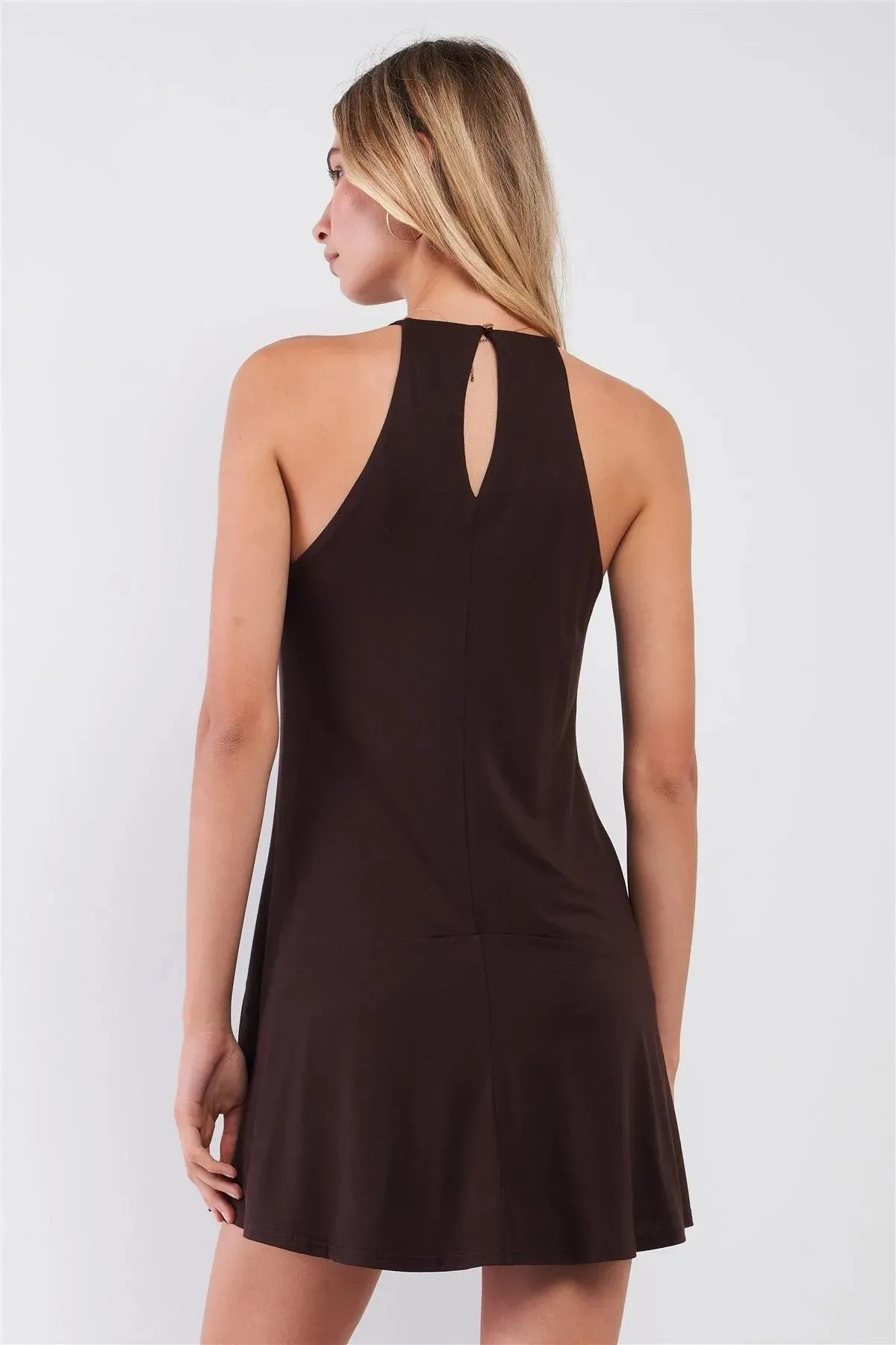 Brown Solid Sleeveless Racer Back Cami Swing Mini Dress /1-2-2-1
