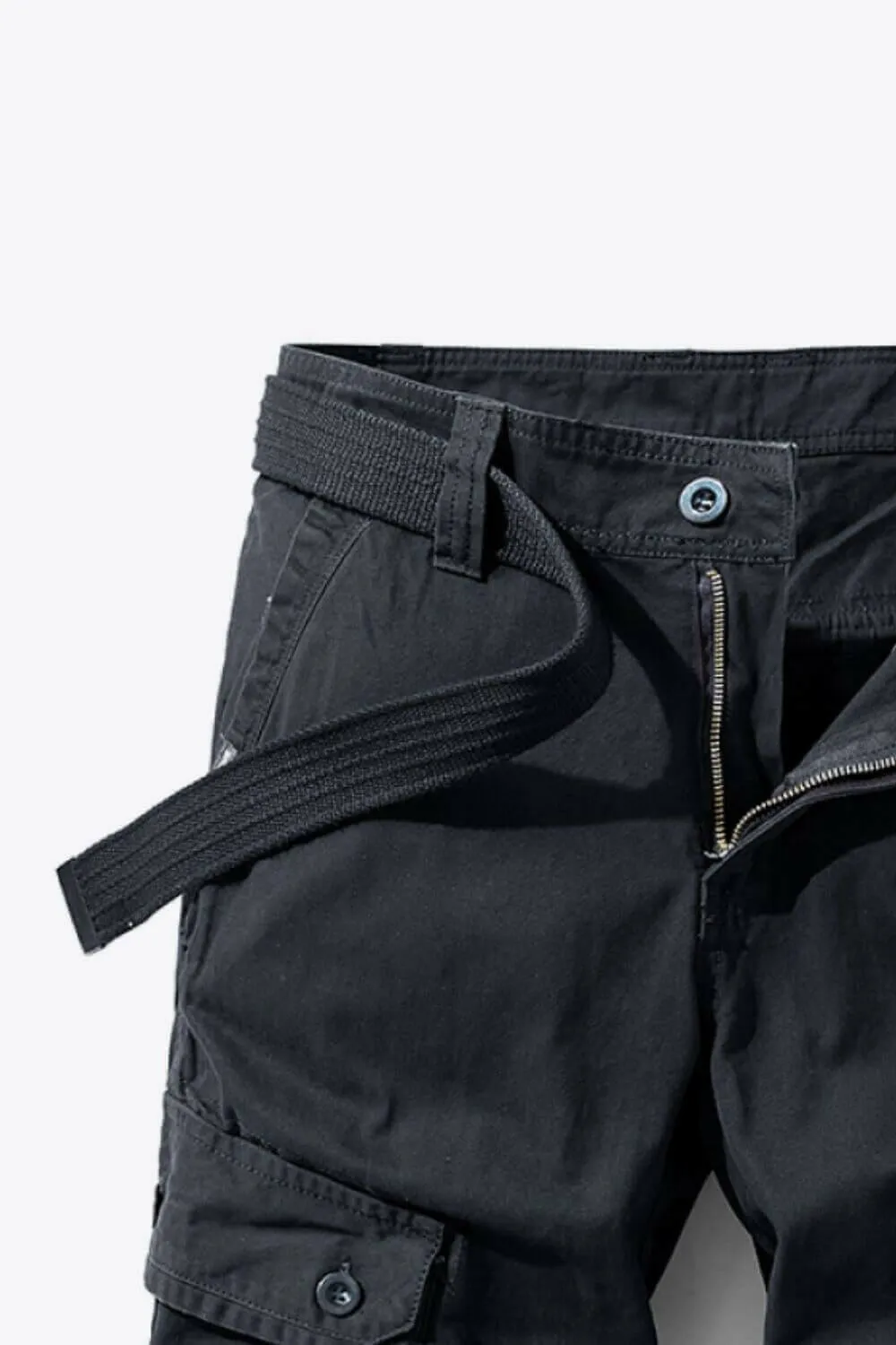 Button and Zip Closure Belted Cargo Shorts