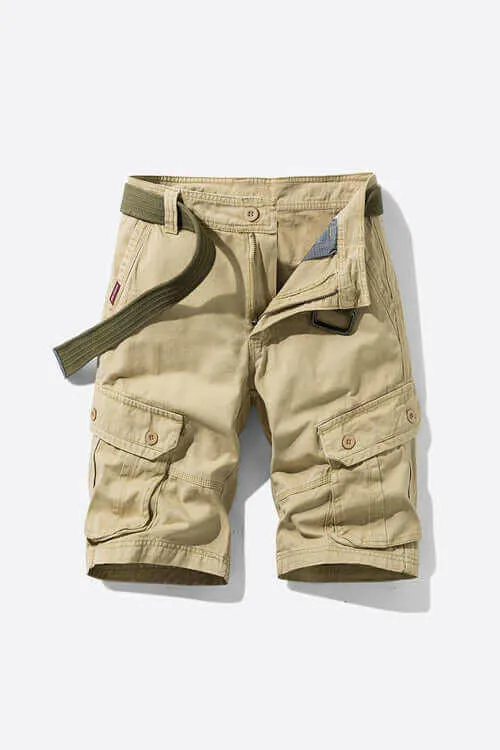 Button and Zip Closure Belted Cargo Shorts