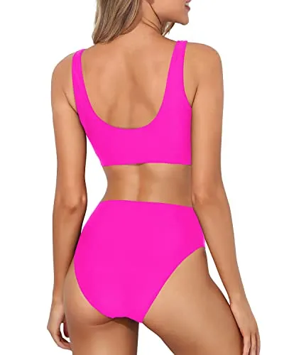 Cheeky High Waisted Bathing Suit Crop Top High Cut Swimsuit-Neon Pink