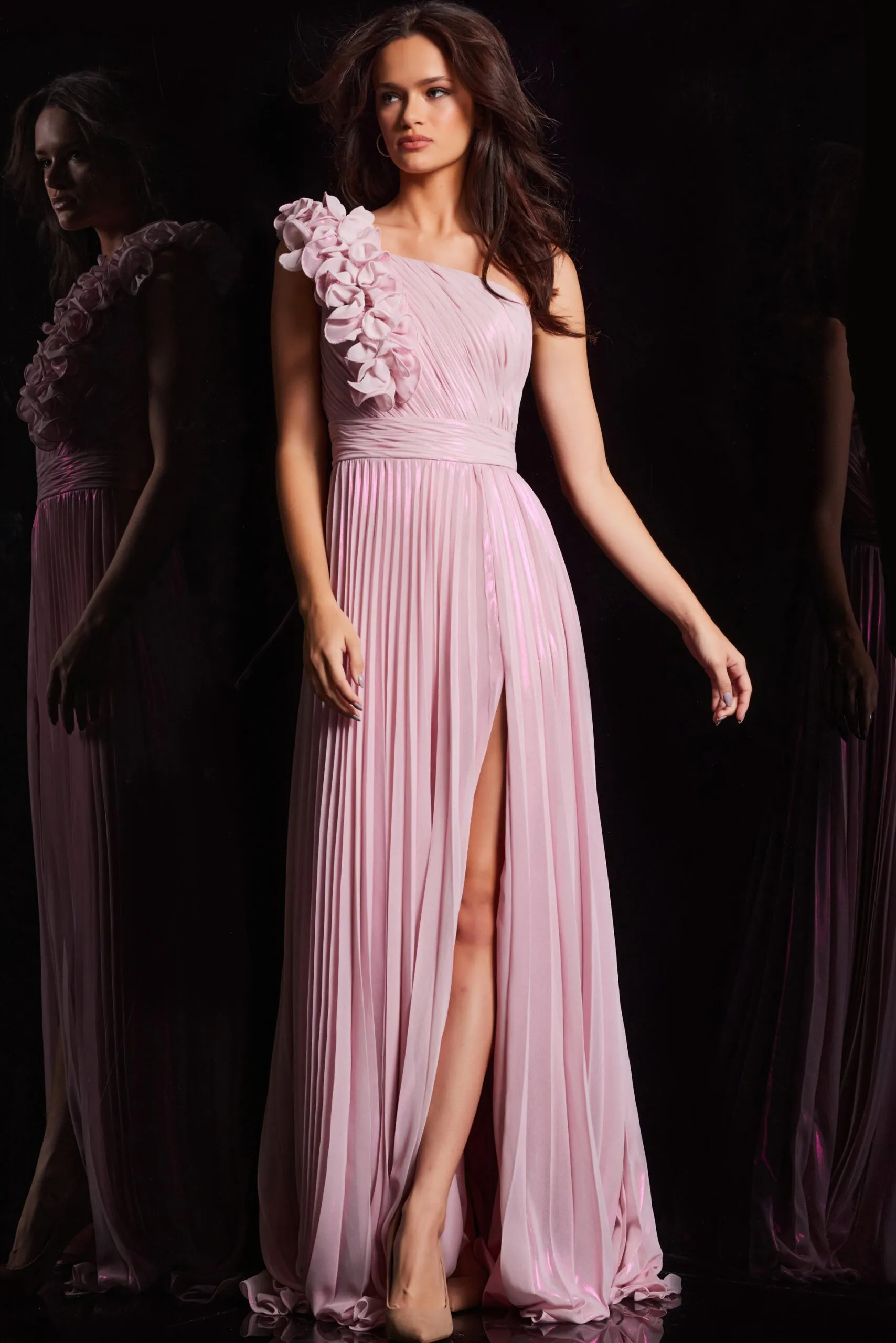 Chiffon One Shoulder A-line Slit Gown by Jovani 24609