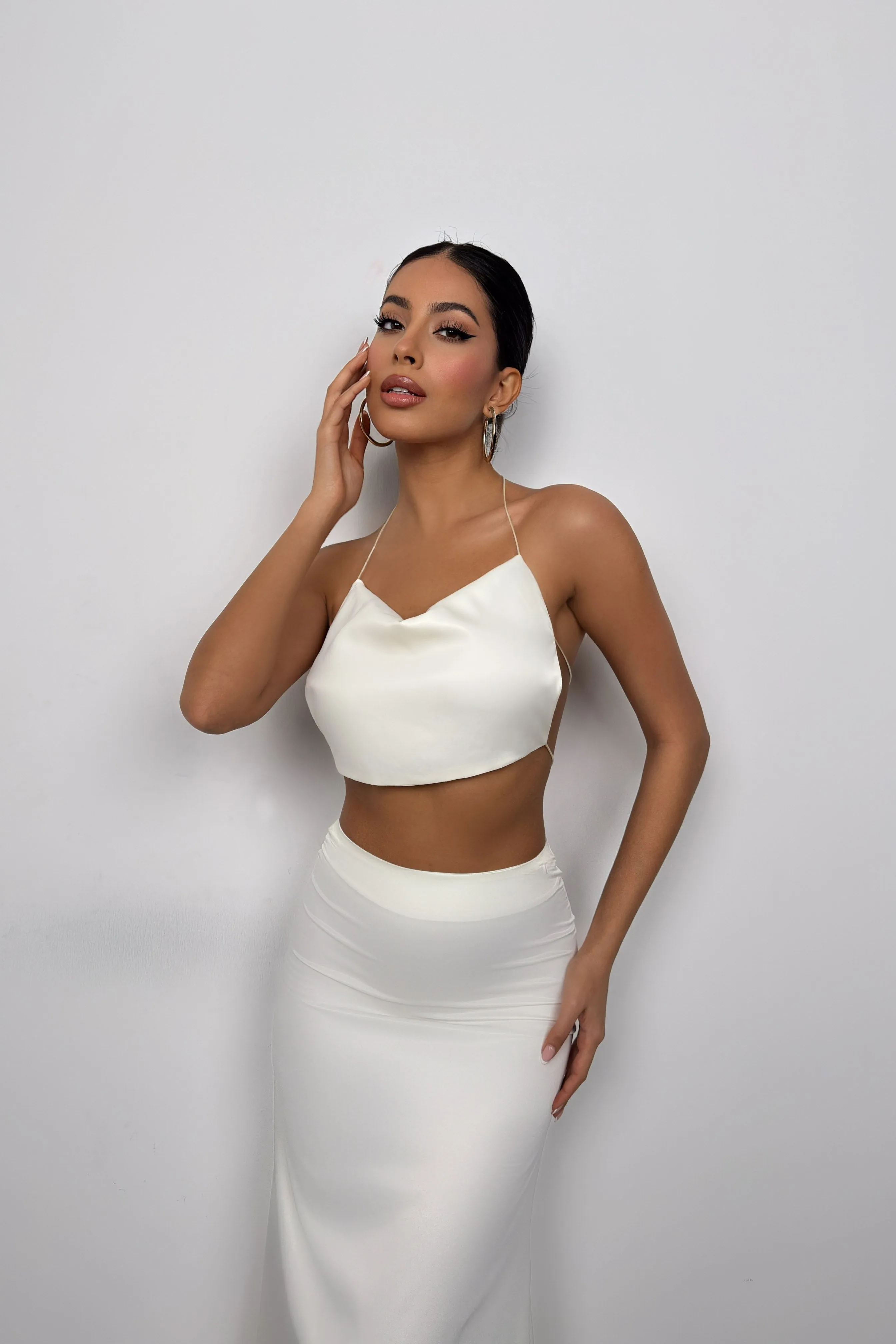 Cowl Neck Tied Back Detail Crop Top