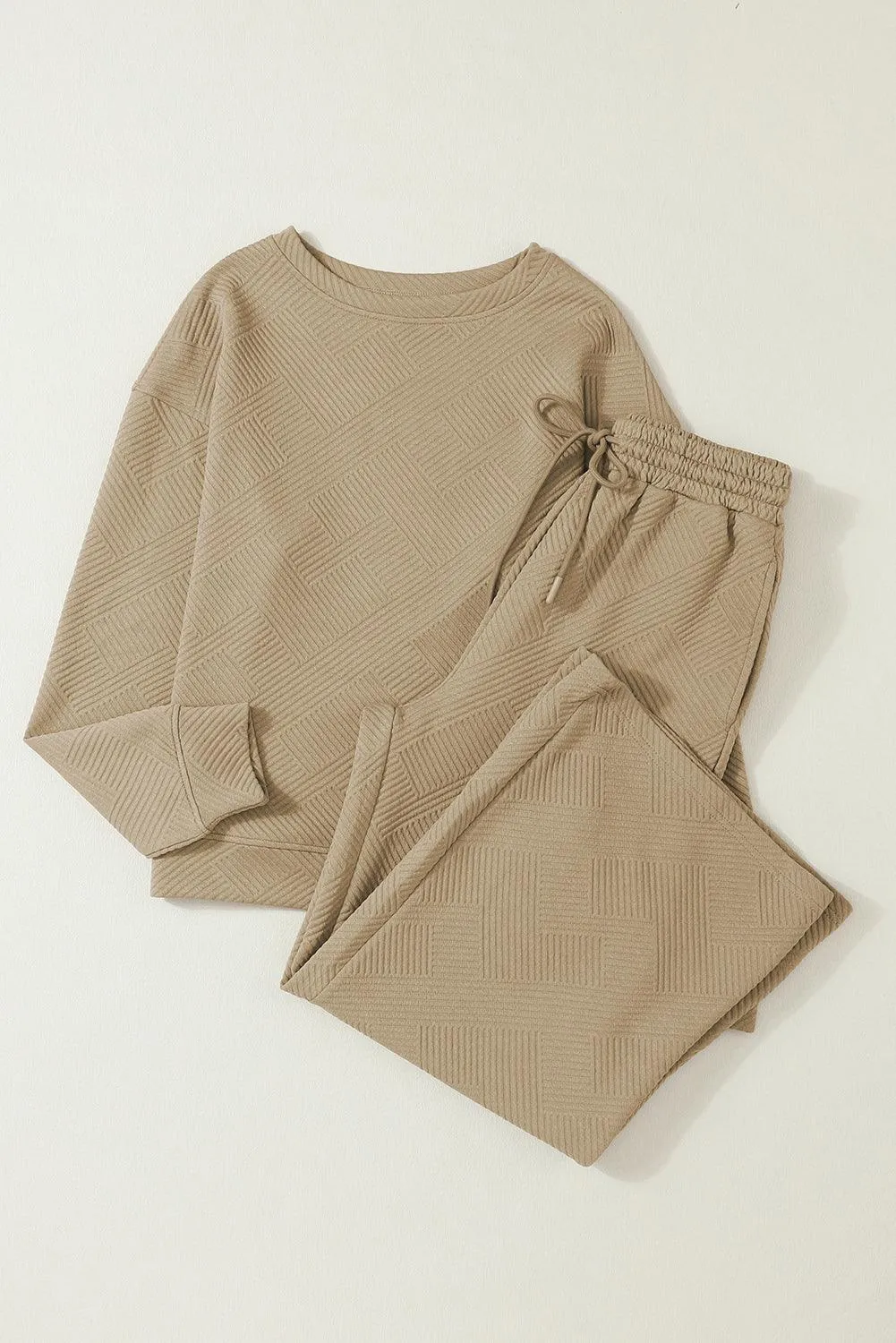 Dark Brown Textured Loose Slouchy Long Sleeve Top and Pants Set