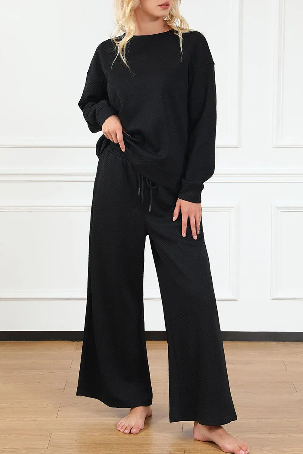 Dark Brown Textured Loose Slouchy Long Sleeve Top and Pants Set