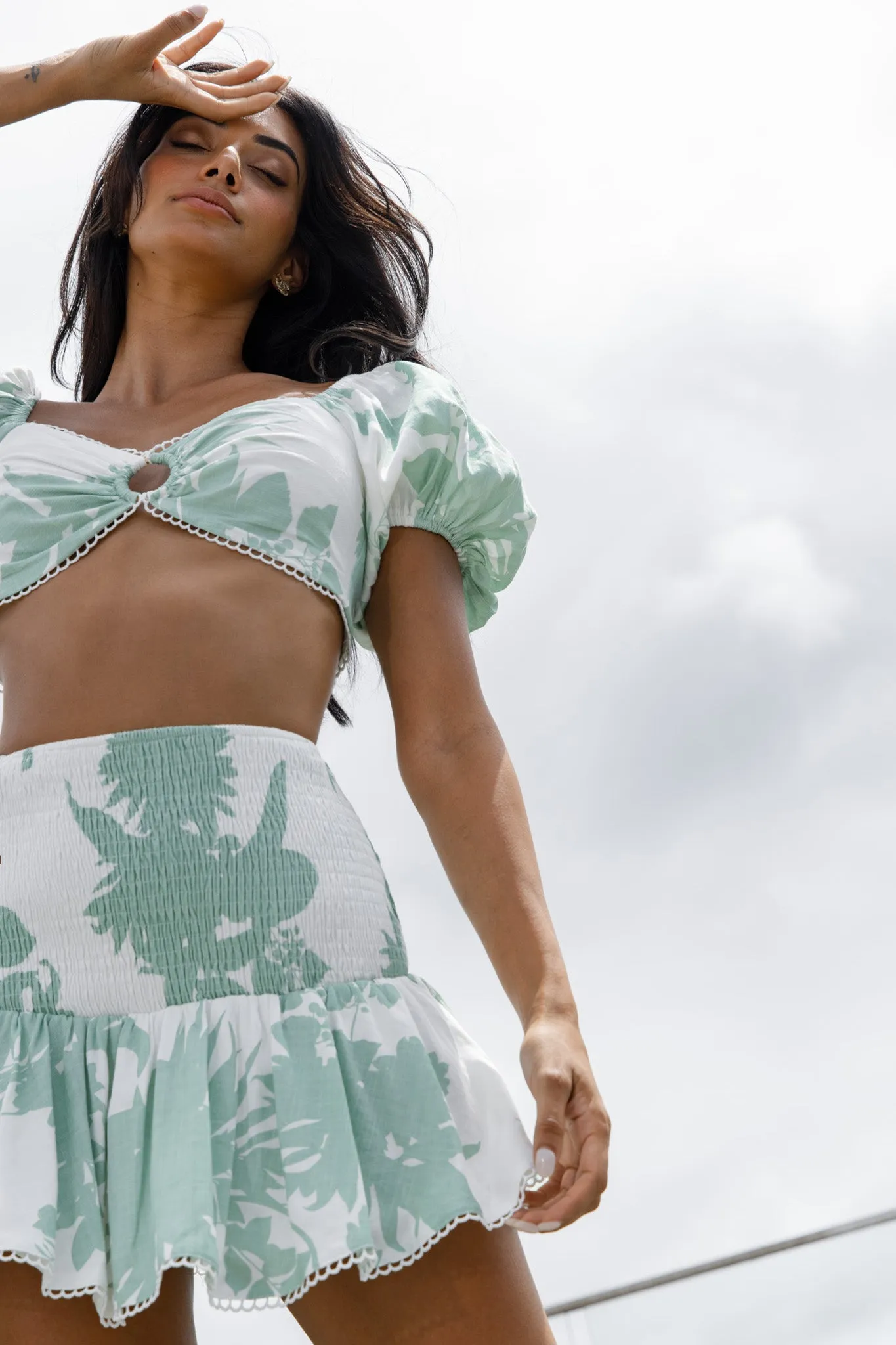 Escape With Me Tied Back Crop Top Printed Sage