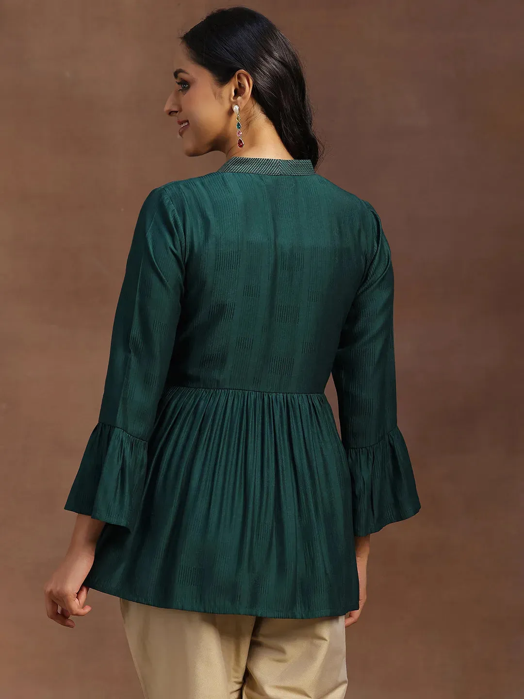 Green Woven Design Silk Blend A-line Kurti