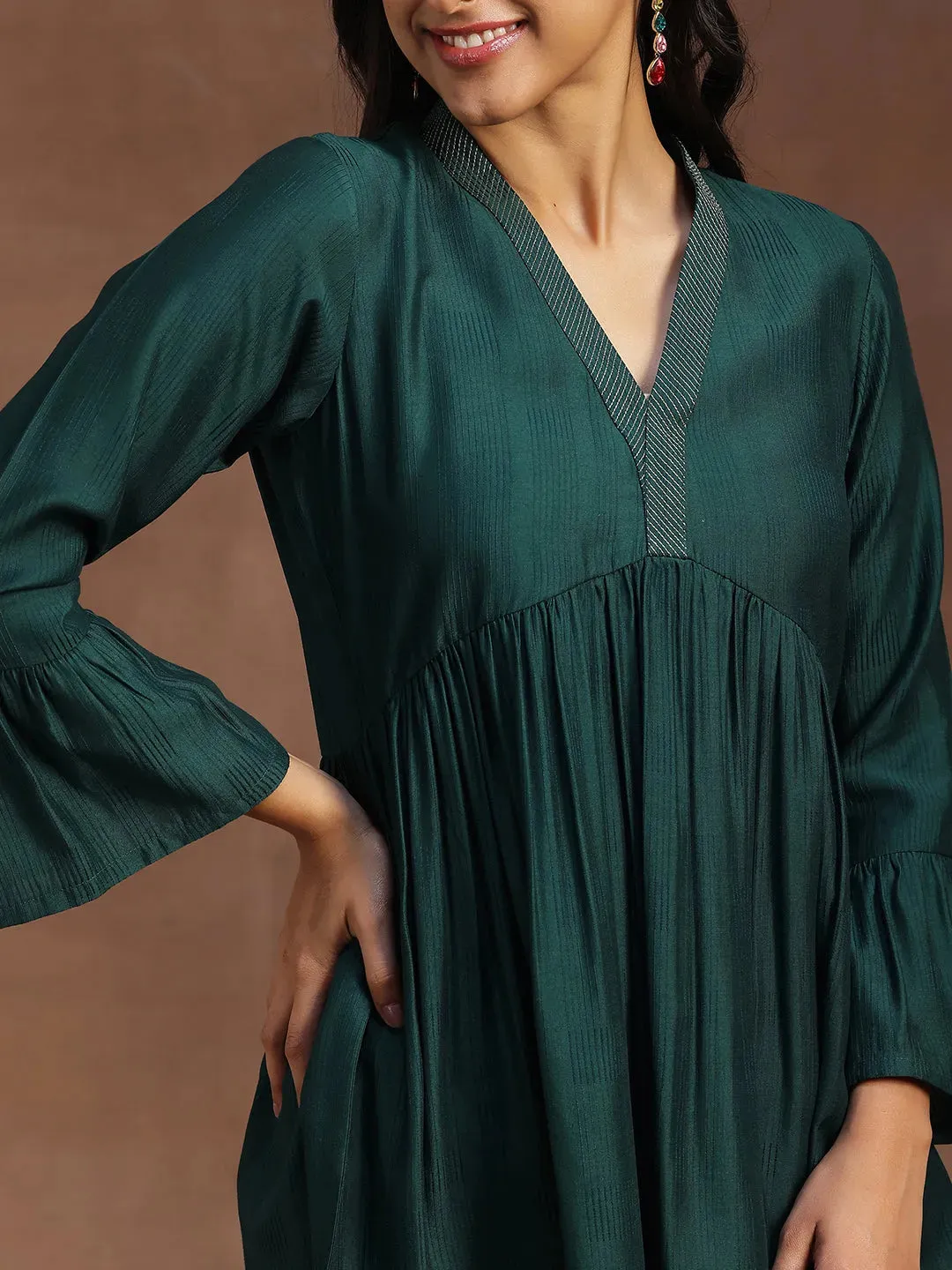 Green Woven Design Silk Blend A-line Kurti