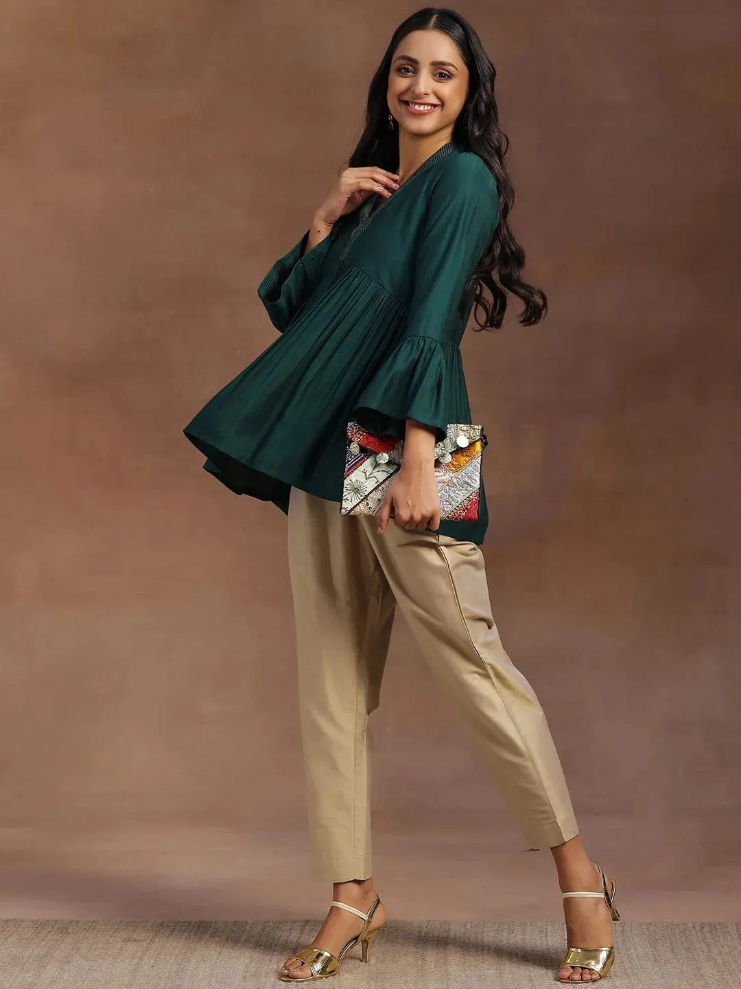 Green Woven Design Silk Blend A-line Kurti