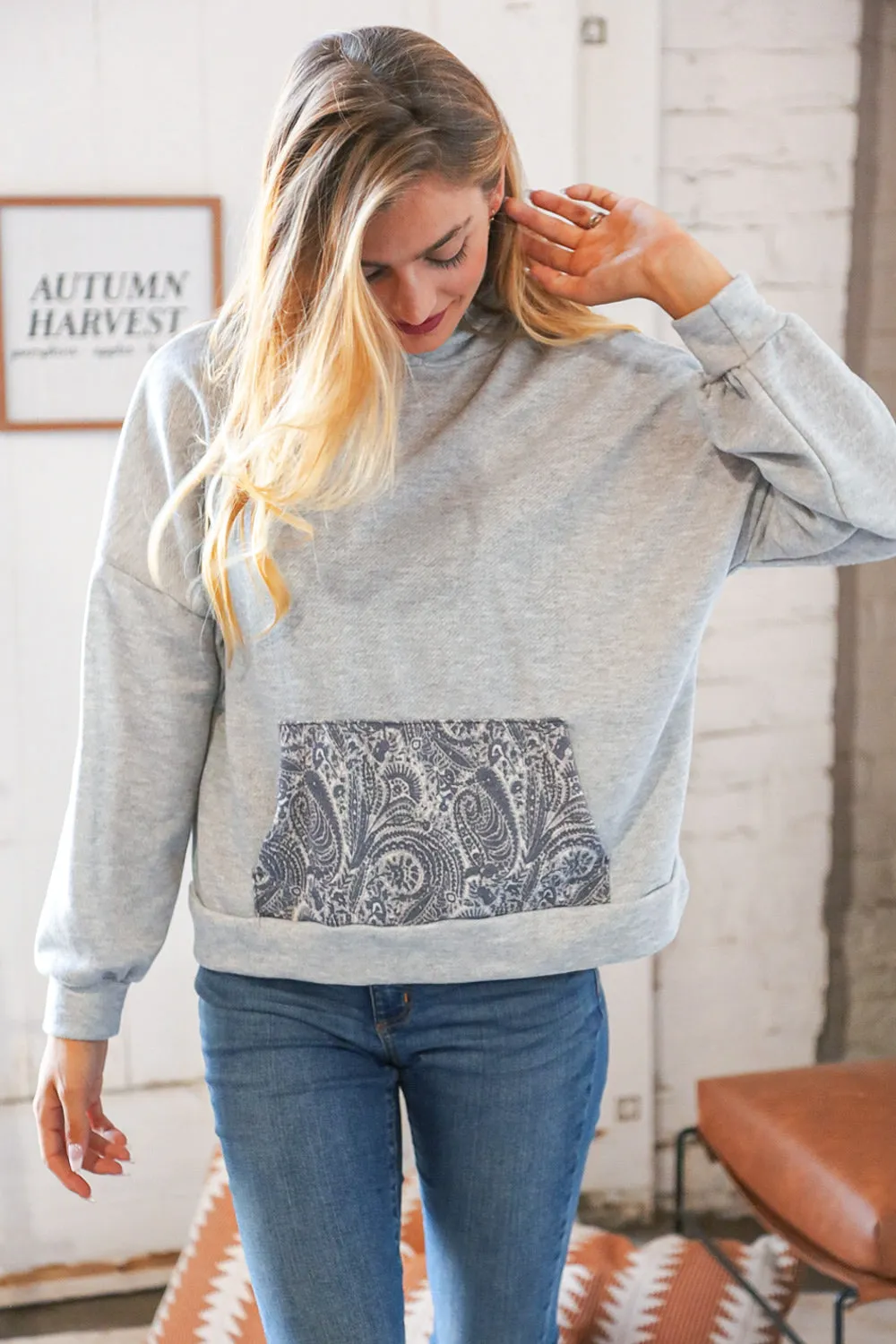 Grey Paisley Cotton Sash Tied Back Loose Fit Hoodie
