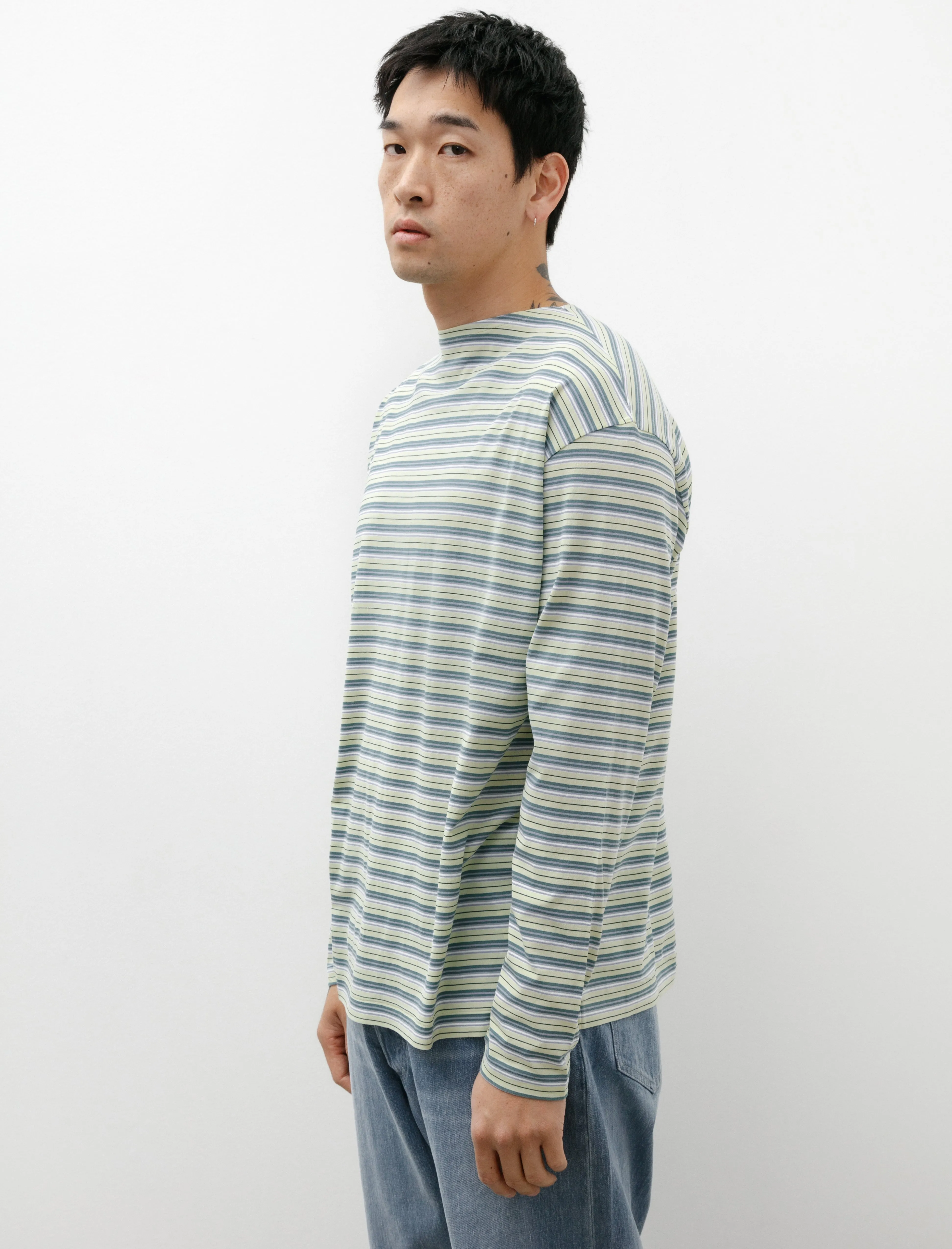 Hard Twist Cotton Border Boatneck L/S Tee Light Green