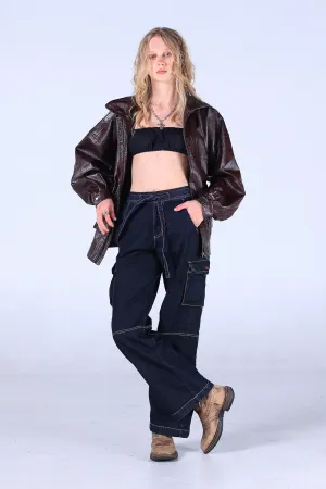 Jack Russel - Women Cargo Jeans - Handwerk JF-334 Straight Fit Dark Blue High Waisted