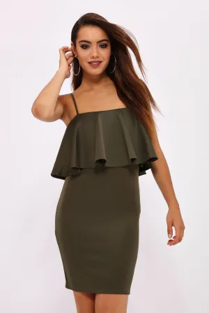 Khaki Strappy Frill Bodycon Dress