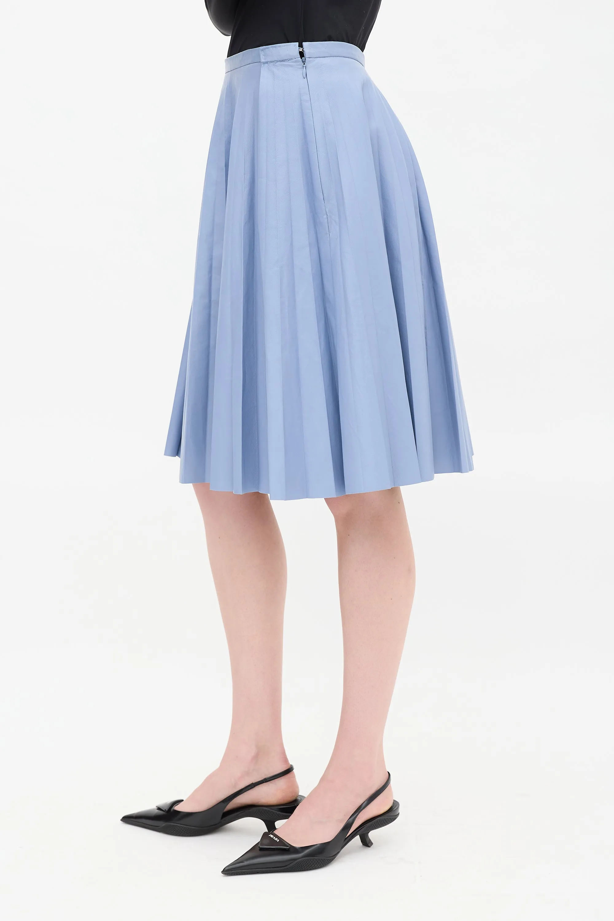 Light Blue Leather Pleated Midi Skirt
