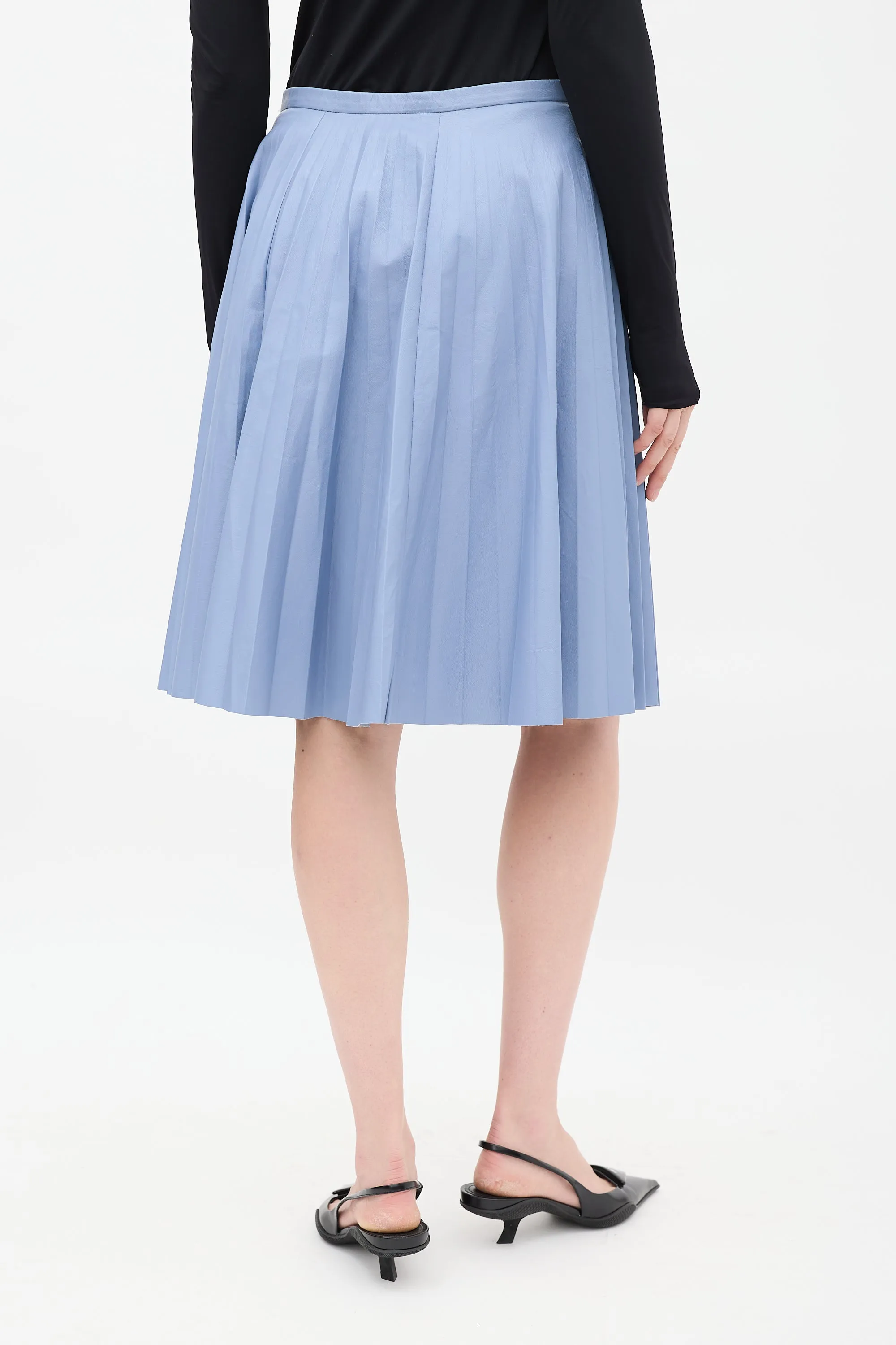 Light Blue Leather Pleated Midi Skirt