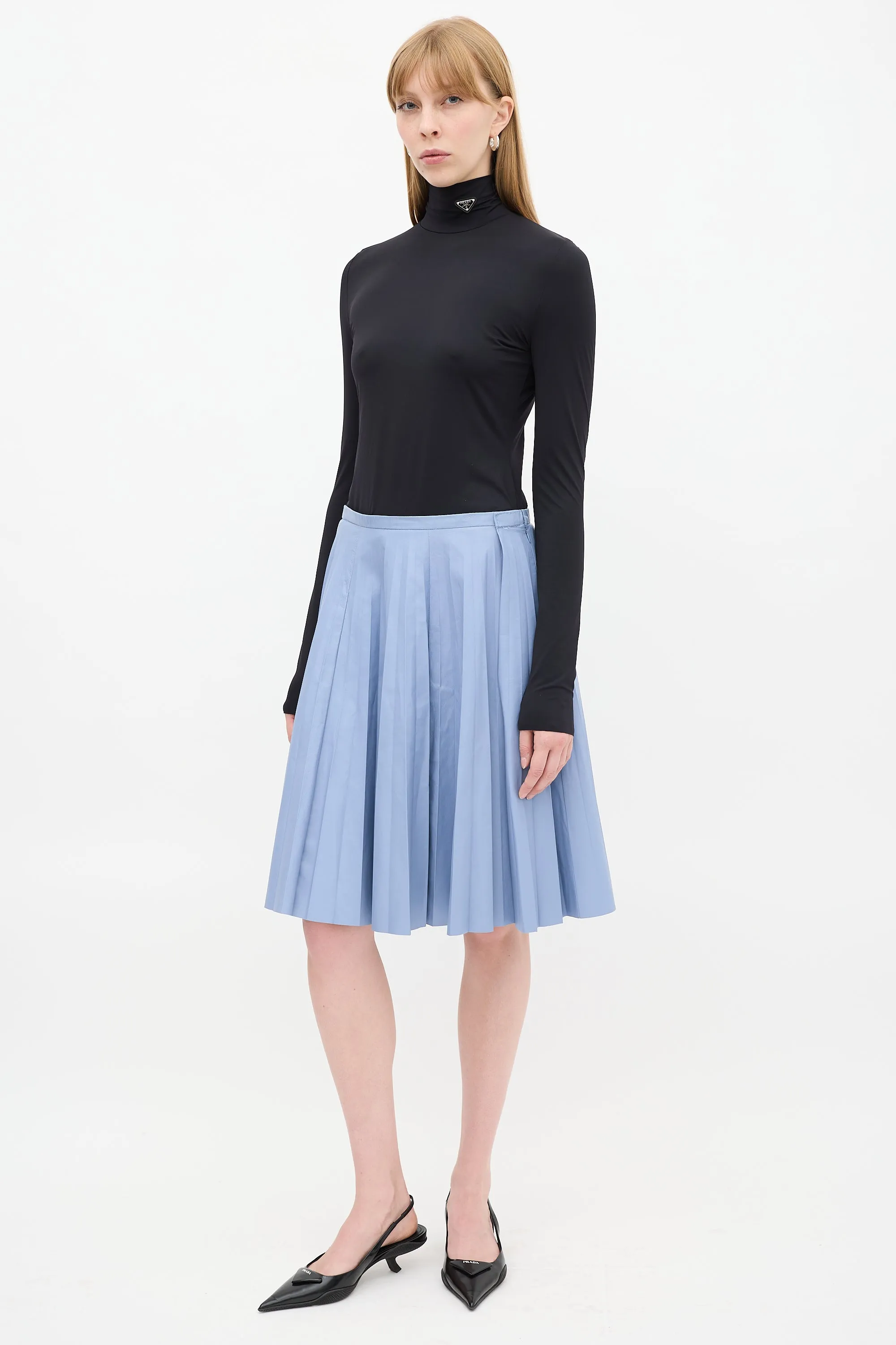 Light Blue Leather Pleated Midi Skirt