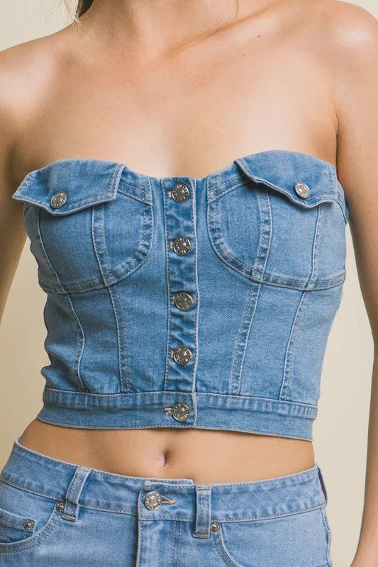 Lt.Blue Denim Strapless Button Vest Top