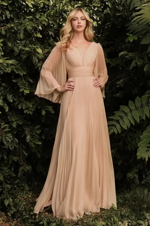 Pleated Chiffon Long Sleeve Gown