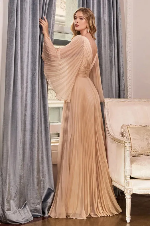 Pleated Chiffon Long Sleeve Gown
