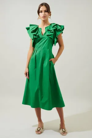 Santana Ruffle Sleeve Tie Back Midi Dress: Kelly-Green