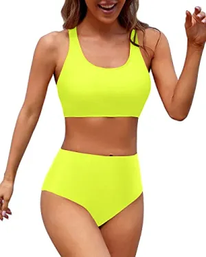 Scoop Neck Two Piece Bikini Sports Crop Top With High Waisted Bottom-Neon Yellow