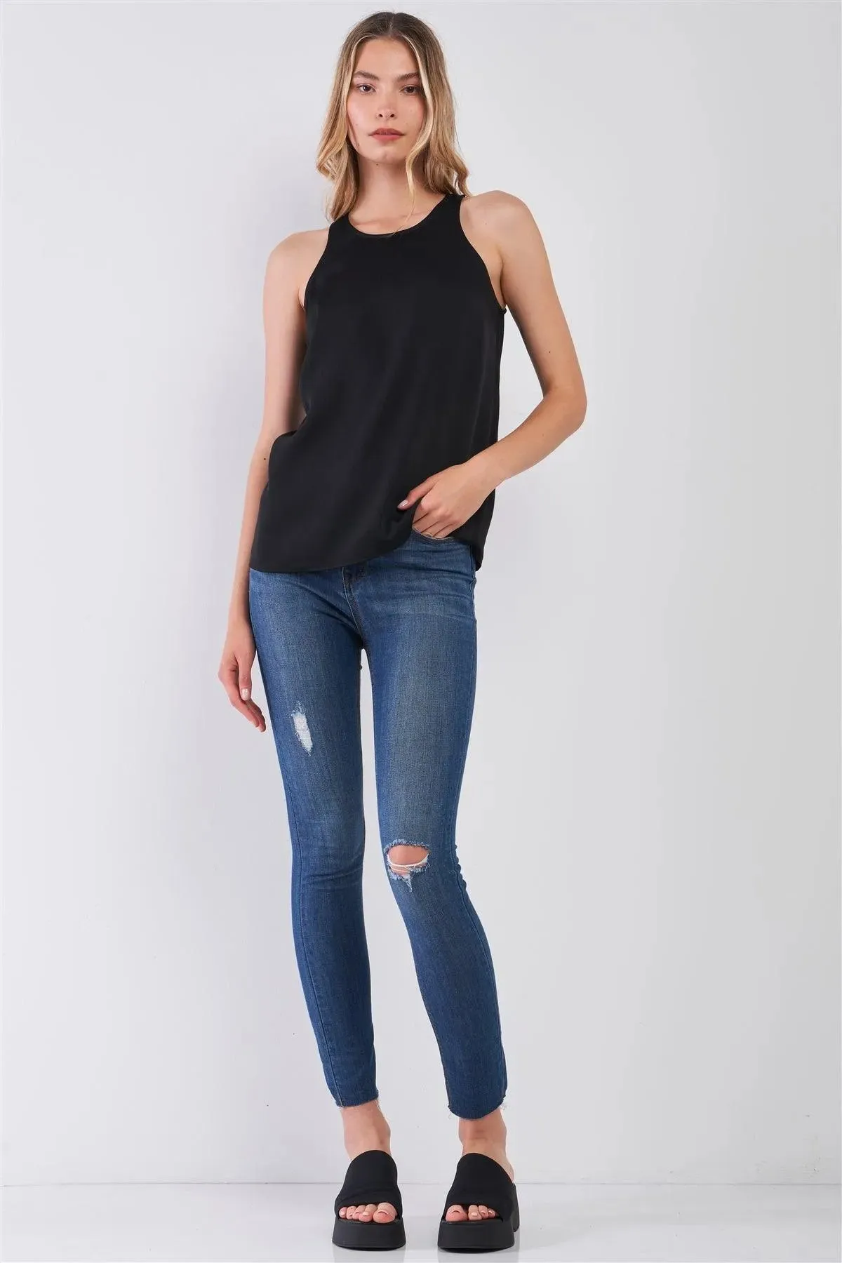 Simple Black Combo Sleeveless Crew Neck Cami Top /2-1-2-1