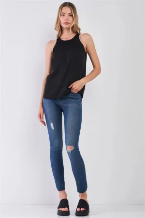 Simple Black Combo Sleeveless Crew Neck Cami Top /2-1-2-1