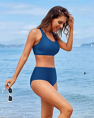 Sporty Criss Cross Back Two Piece Bikini Sports Crop Top Swimsuit-Blue