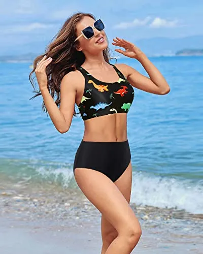 Sporty Two Piece Bikini Sports Crop Top Swimsuit For Teen Girls With Bottom-Black Dinosaur