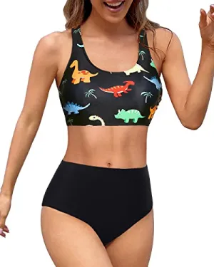 Sporty Two Piece Bikini Sports Crop Top Swimsuit For Teen Girls With Bottom-Black Dinosaur