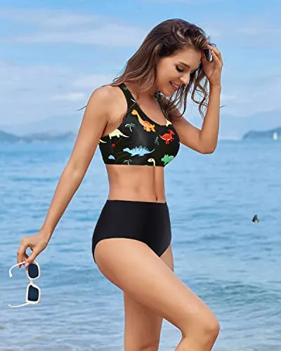Sporty Two Piece Bikini Sports Crop Top Swimsuit For Teen Girls With Bottom-Black Dinosaur