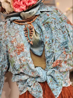Turquoise Distressed Eyelet Puff Sleeve Top
