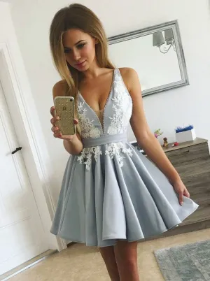 V-Neck Pleated Satin Prom Dress Homecoming Dress With Appliques OP191
