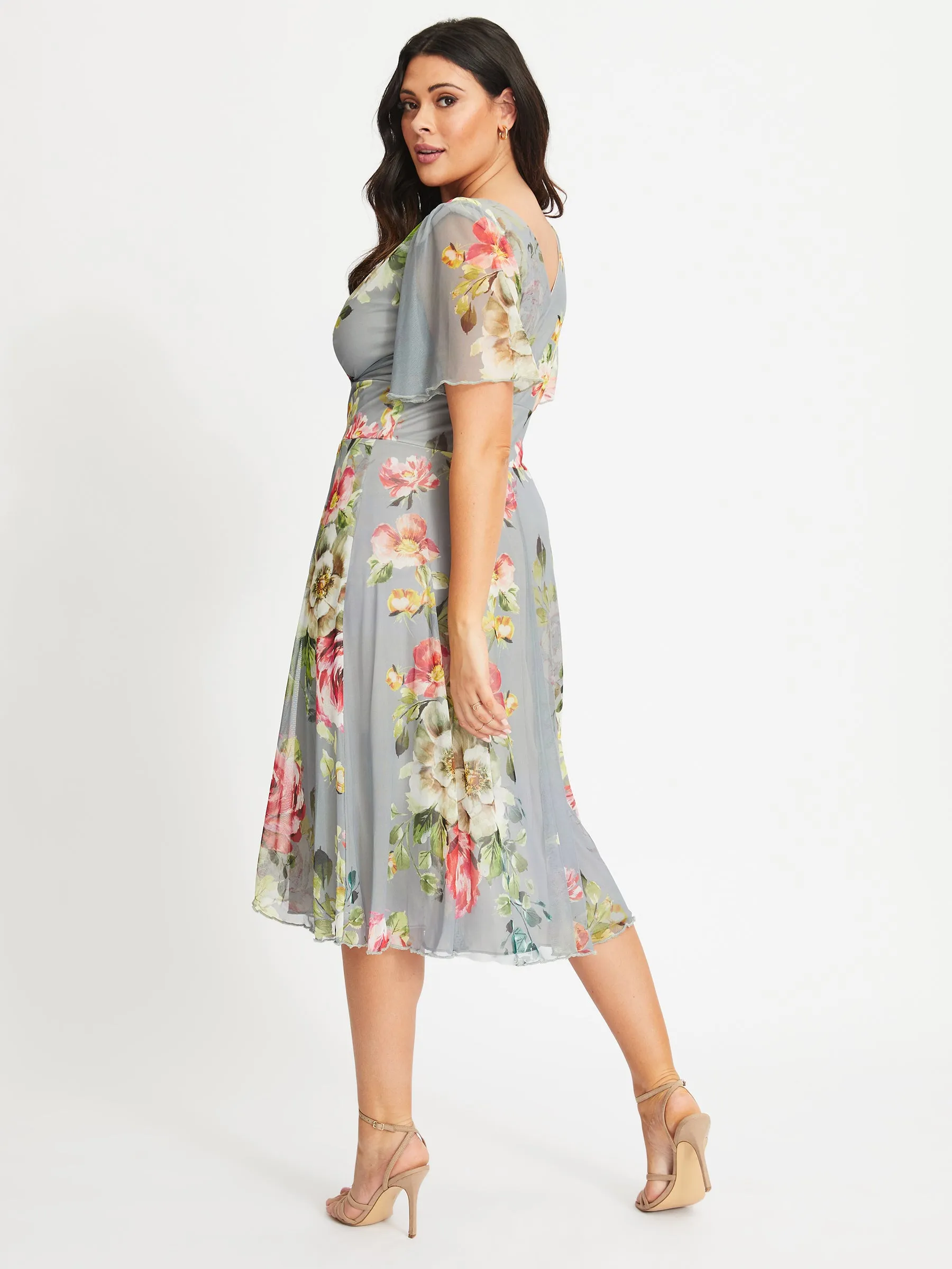 Victoria Silver Red Angel Sleeve Mesh Midi Dress