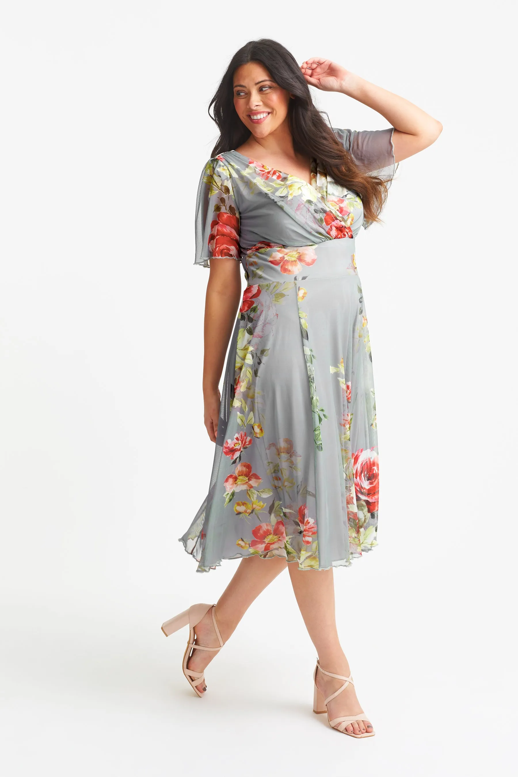 Victoria Silver Red Angel Sleeve Mesh Midi Dress