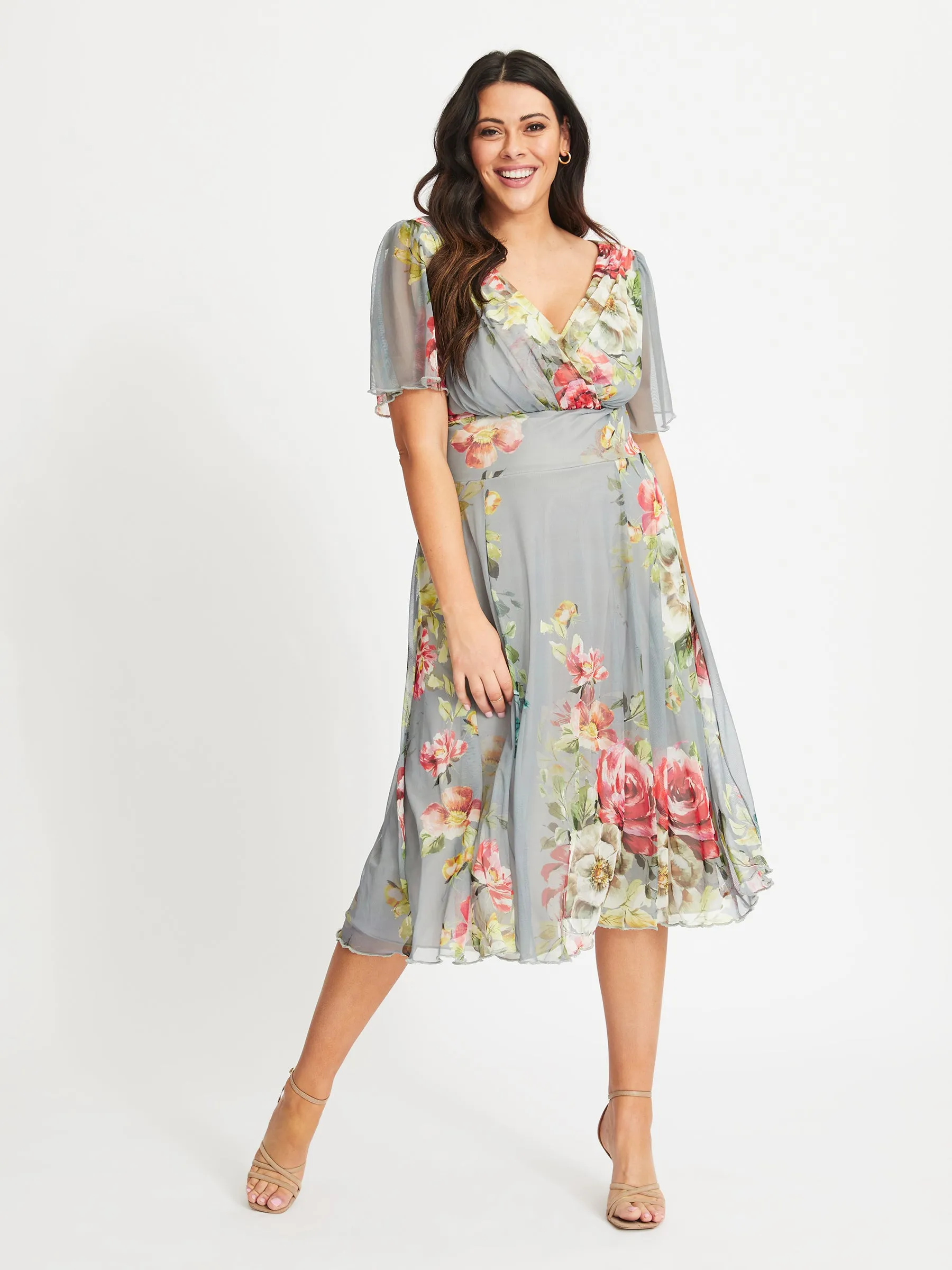 Victoria Silver Red Angel Sleeve Mesh Midi Dress