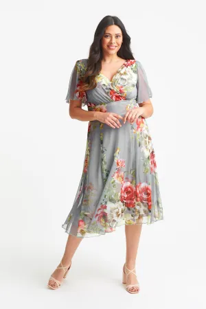 Victoria Silver Red Angel Sleeve Mesh Midi Dress