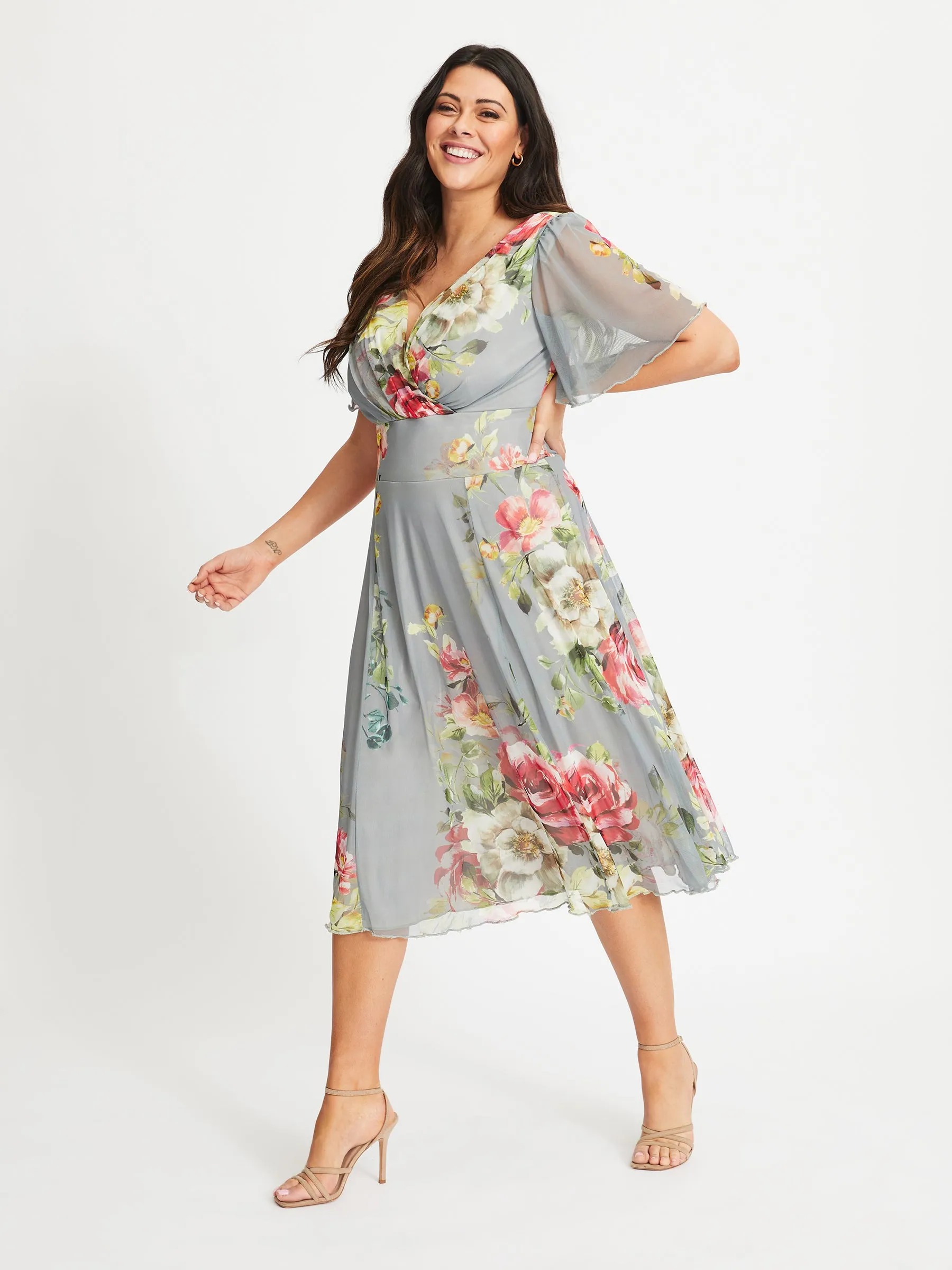 Victoria Silver Red Angel Sleeve Mesh Midi Dress