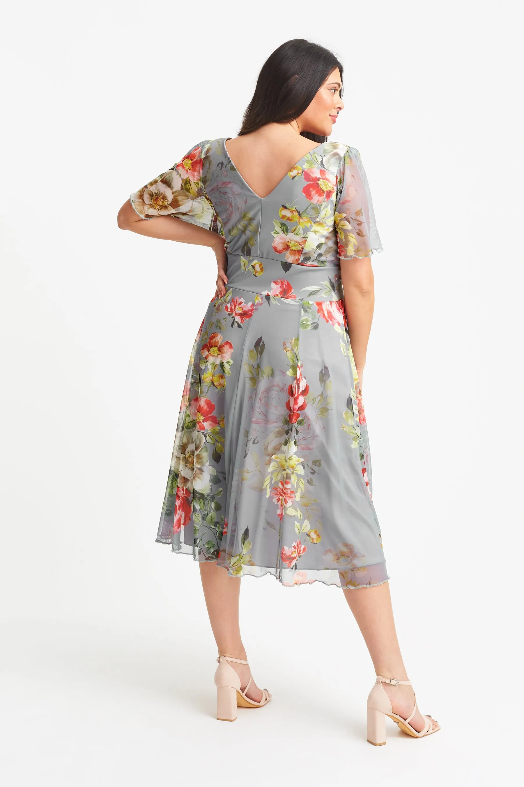 Victoria Silver Red Angel Sleeve Mesh Midi Dress