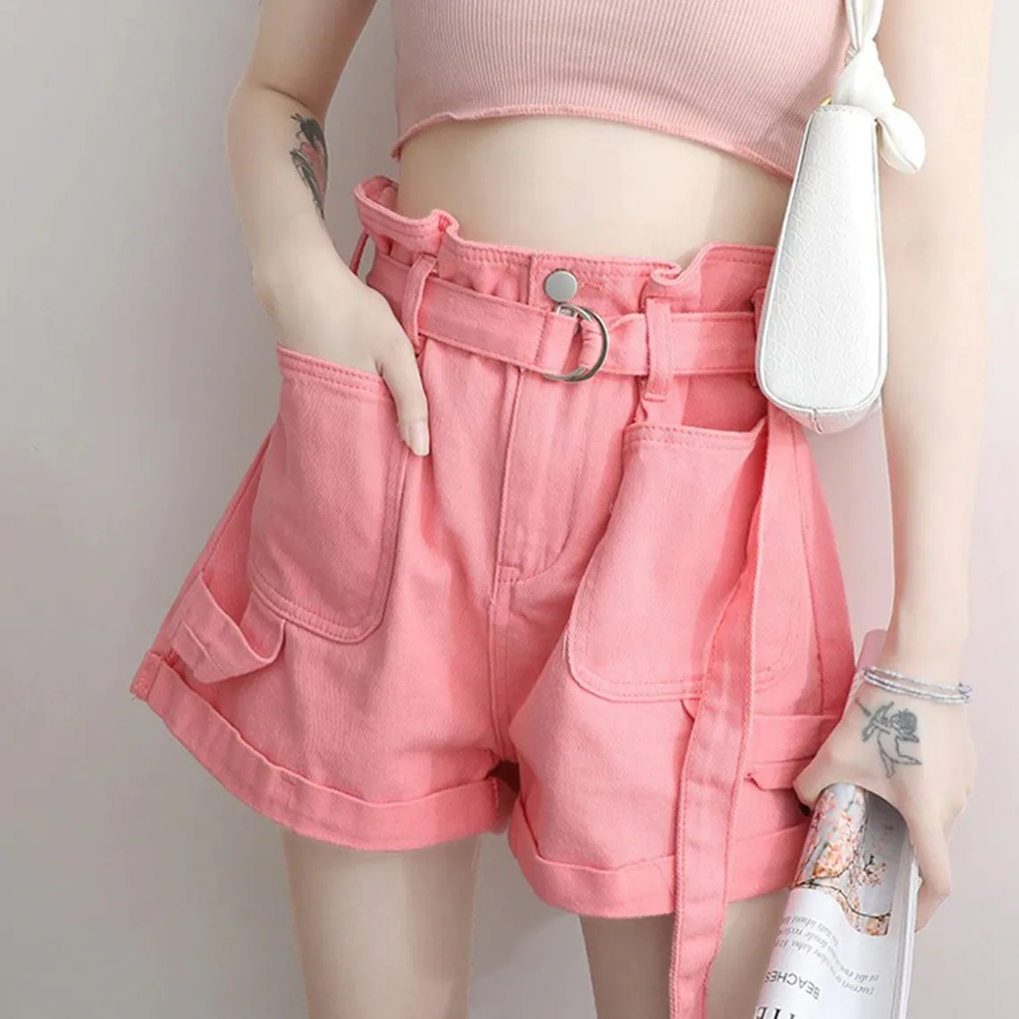 Vintage Pink Elastic Pleated Wide Leg Shorts