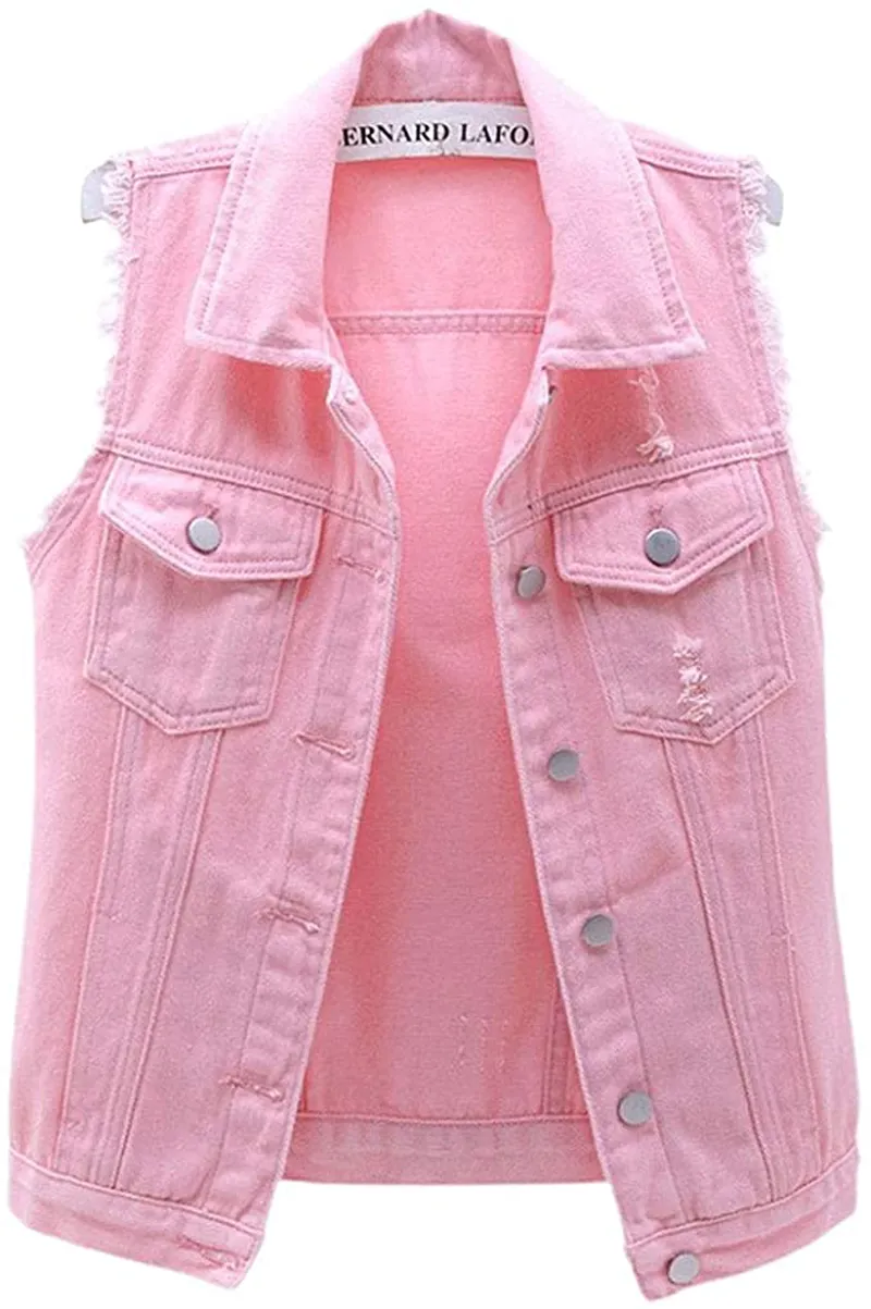Women's Candy Color Slim Fit Sleeveless Distressed Denim Jean Vest Jacket