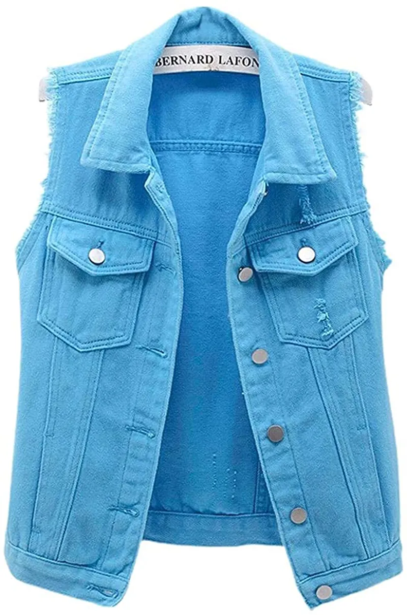 Women's Candy Color Slim Fit Sleeveless Distressed Denim Jean Vest Jacket