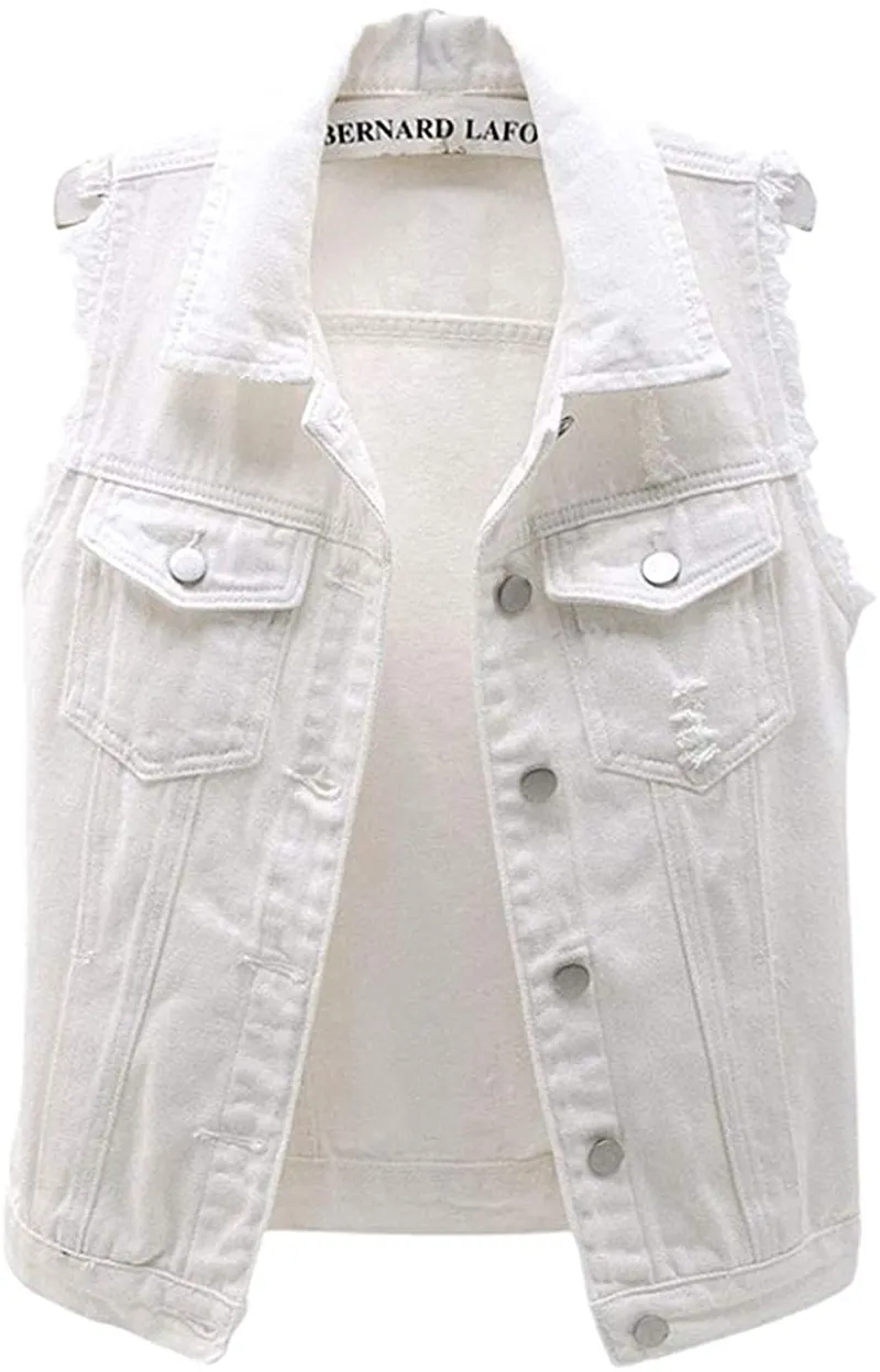 Women's Candy Color Slim Fit Sleeveless Distressed Denim Jean Vest Jacket